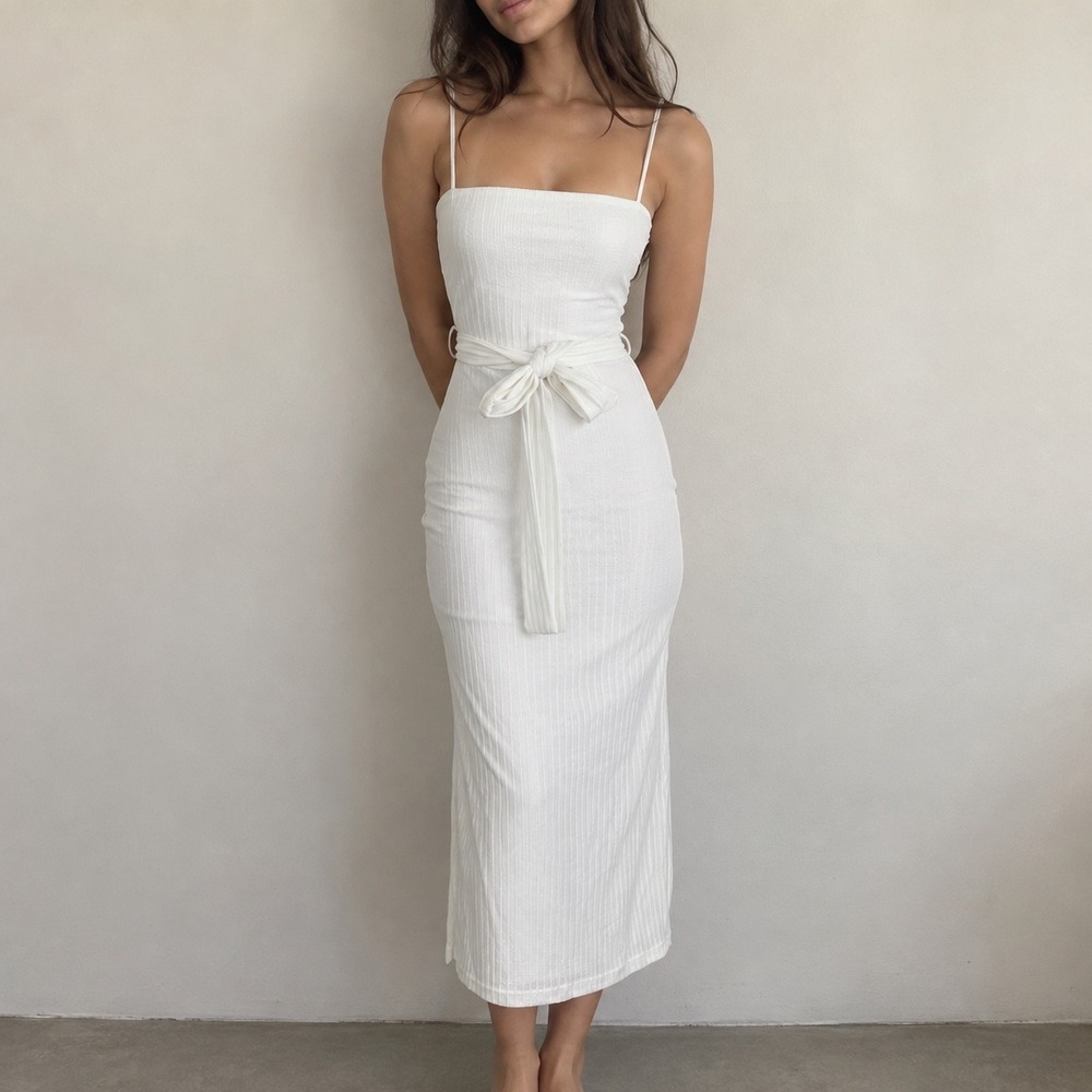 Hello Molly White Ways I Loved You Knit Midi Dress Tie Waist Size S Minimalist